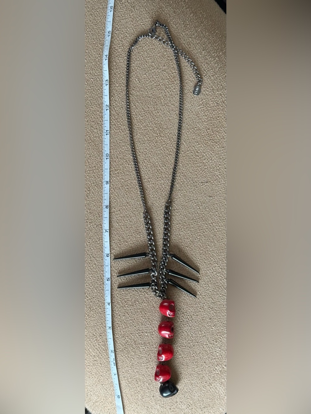 Edgy Black Chain Necklace with Red & Black Skull Bead Pendants